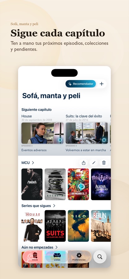 Listas de películas y series en la aplicación